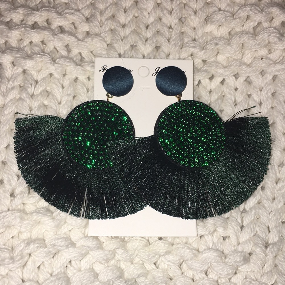 NWT! Emerald Green Jeweled Tassel Earrings!